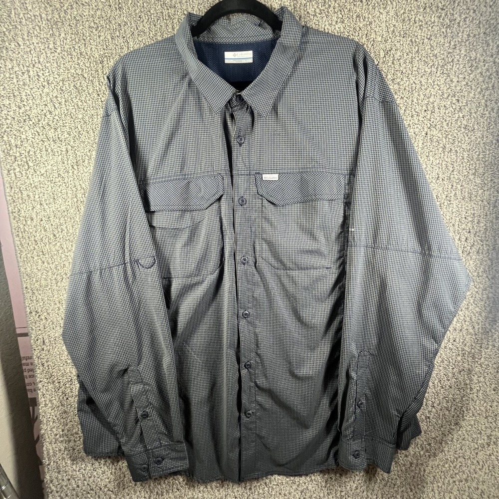 COLUMBIA PFG Men 2XL Dark Blue Nylon OMNI-SHADE Vented Button Fishing Shirt EUC